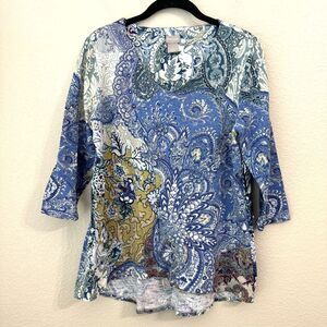 Chicos Shirt Womens Medium Floral Paisley Blue Cotton Blend